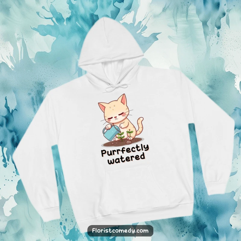 Funny cat watering a small plant, a cozy and humorous hoodie for plant enthusiasts, excellent gift.