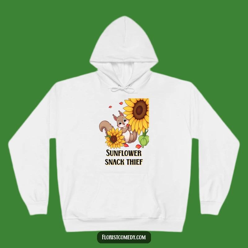 Funny Squirrel Sunflower Hoodie: Curious Squirrel Picking Petals, Cozy Funny Gift for Outdoor Enthusiasts