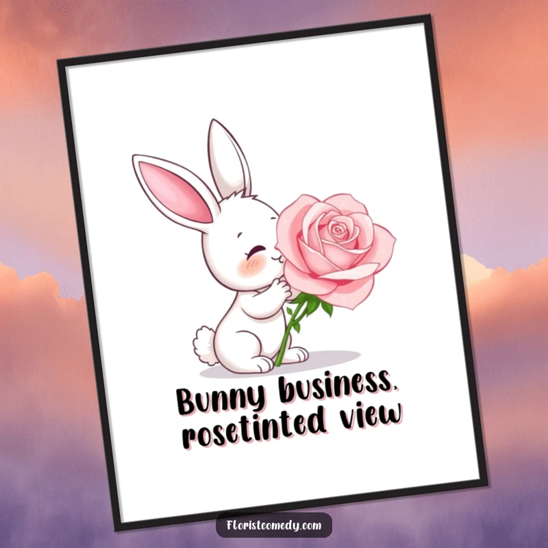 Funny Free Printable Wall Art: A curious bunny is depicted with eyes closed, delighting in the scent of a large rose.