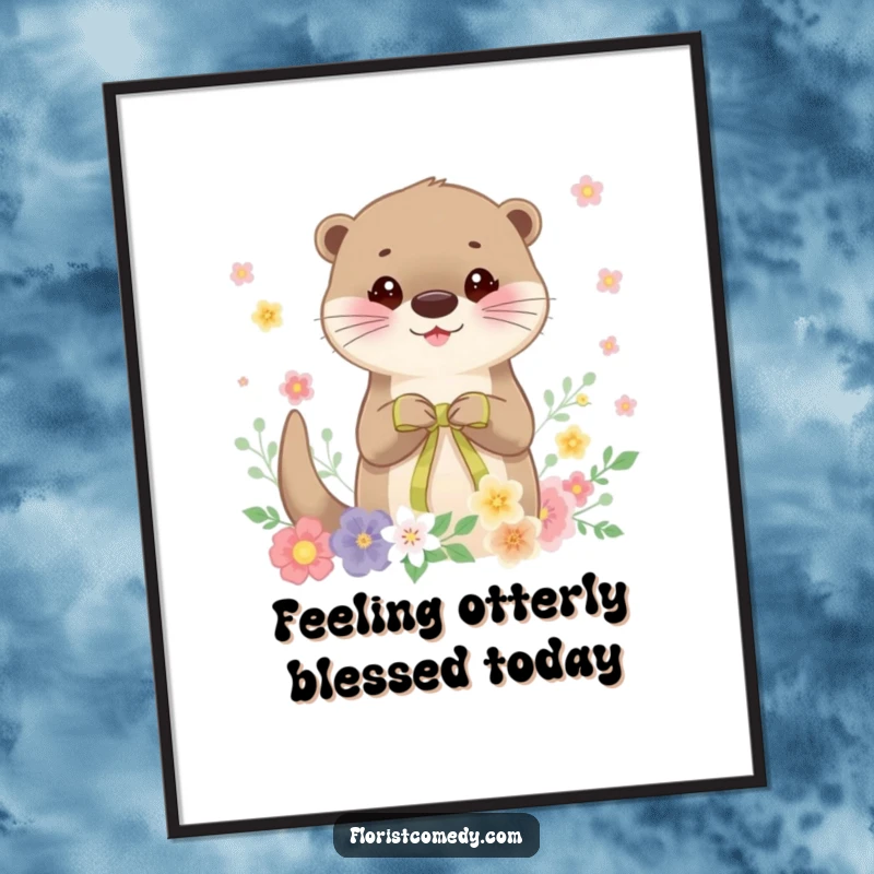 Funny Free Printable Wall Art: A cheerful otter meticulously decorating a vibrant floral arrangement with a ribbon, adding whimsy.