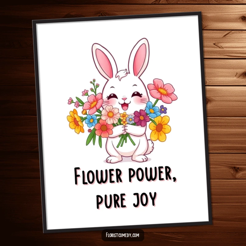 Funny Free Printable Wall Art: A happy rabbit beams while holding a large, vibrant bouquet of colorful blooms.