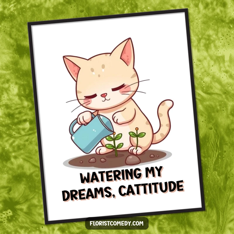 Funny Free Printable Wall Art: A determined cat diligently waters a small, growing plant with a miniature watering can.