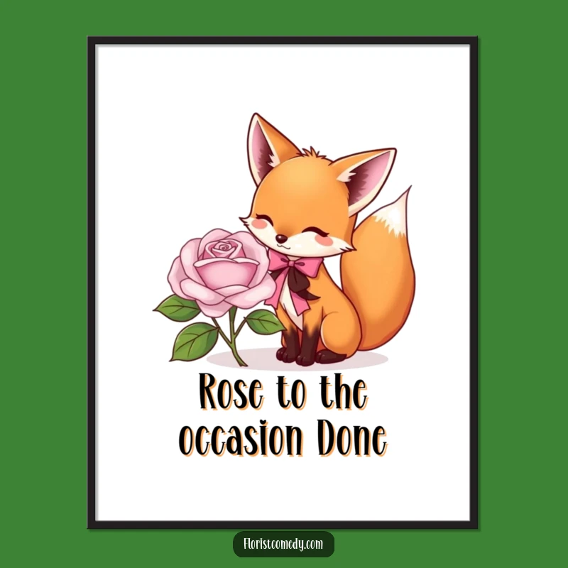 Free Printable Wall Art: Fox Ties Ribbon on Rose, Whimsical & Funny Decor