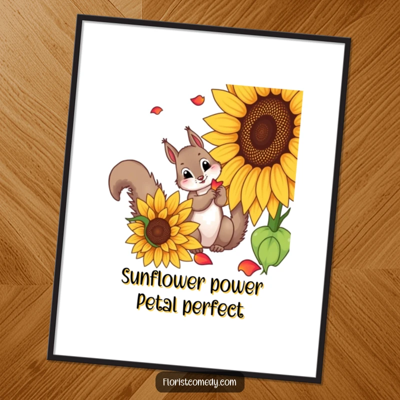 Funny Free Printable Wall Art: A curious squirrel gathering colorful petals from a large sunflower, bringing playful charm to walls.