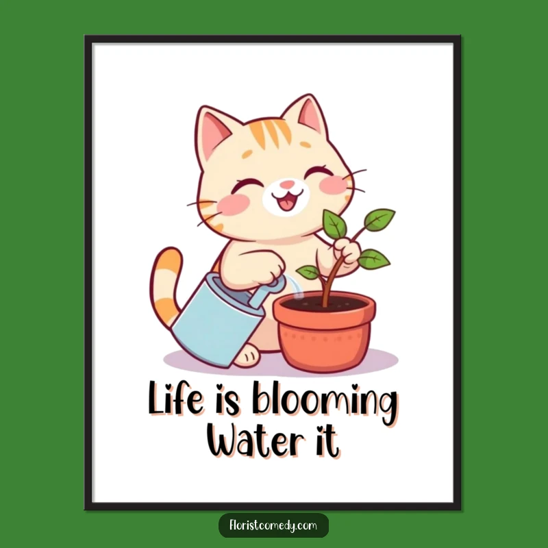 Free Printable Wall Art: Cheerful Cat Waters Sapling, Cute & Funny Decor