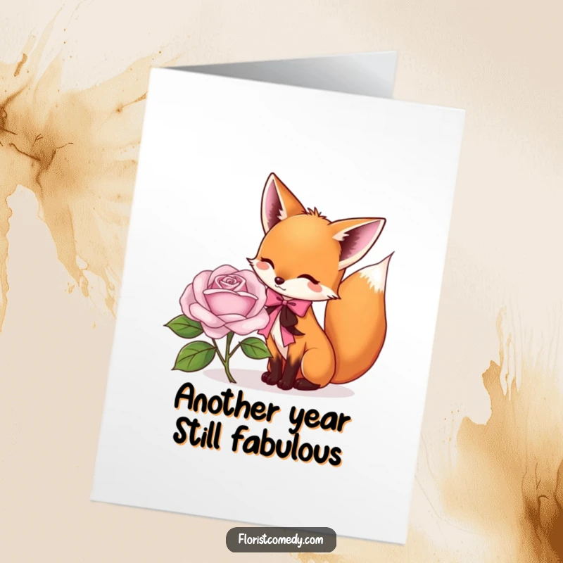 Funny Free Printable Birthday Card: Playful fox carefully tying a ribbon around a vibrant blooming rose, celebrating a special day.