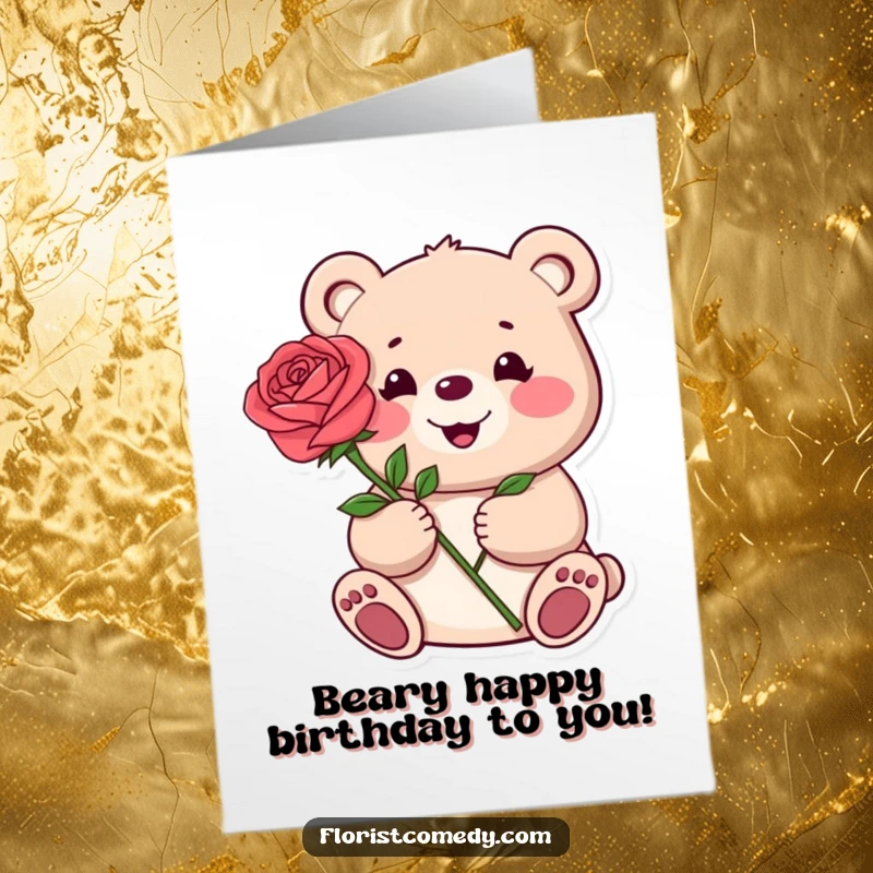 Funny Free Printable Birthday Card: A happy bear smiling warmly while presenting a single, bright red rose.