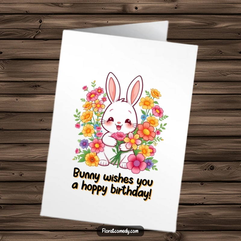 Funny Free Printable Birthday Card: Cheerful rabbit smiling as it arranges colorful bouquets for a special occasion.