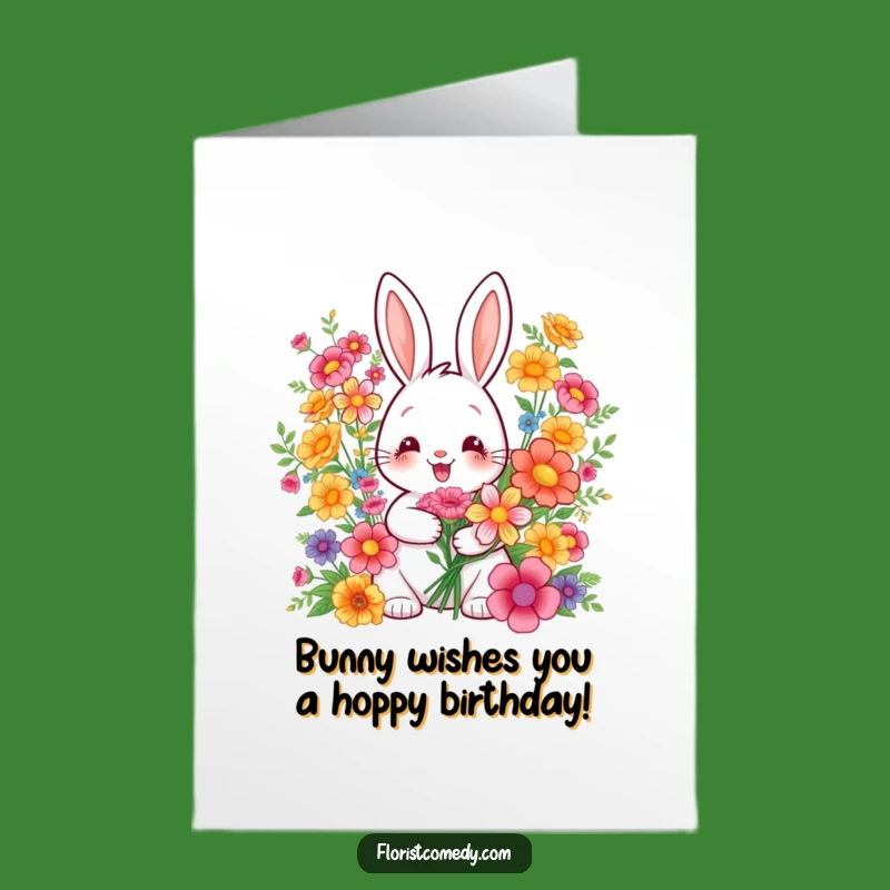 Free Printable Birthday Card: Cheerful Rabbit Arranging Bouquets