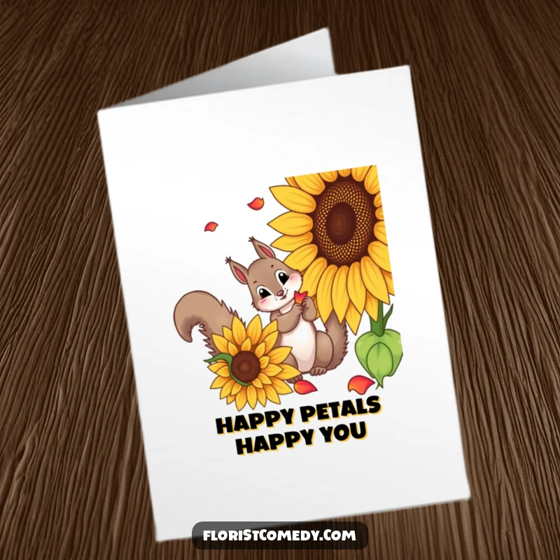 Funny Free Printable Birthday Card: A curious squirrel cheekily picking petals from a giant sunflower, celebrating a fun birthday.
