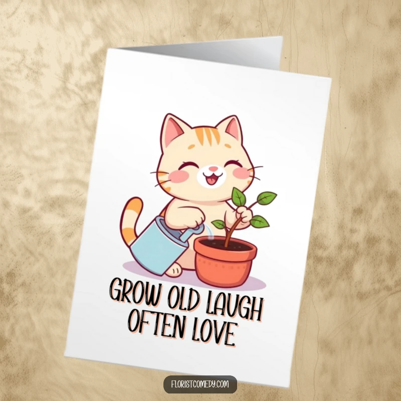 Funny Free Printable Birthday Card: Cheerful cat smiling while watering a tiny sapling, perfect for eco-conscious greetings.