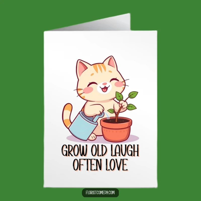 Free Printable Birthday Card: Smiling Cat Tending Sapling, Cute & Funny Card