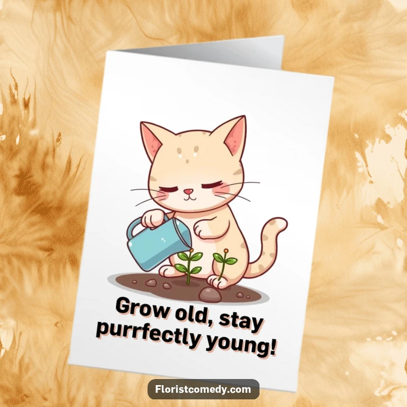 Funny Free Printable Birthday Card: A determined cat diligently waters a tiny green plant with a small watering can.