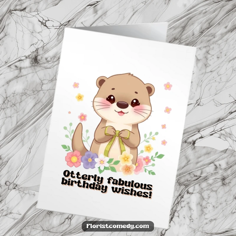 Funny Free Printable Birthday Card: Cheerful otter meticulously tying ribbon on a gorgeous floral arrangement, spreading joy.