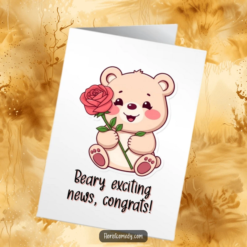 Funny Free Printable Congratulations Card: Happy bear offering a single, vibrant rose in celebration of an achievement.