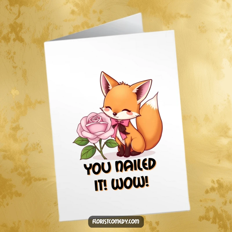 Funny Free Printable Congratulations Card: A sly fox delicately tying a ribbon around a beautiful rose, signifying success.