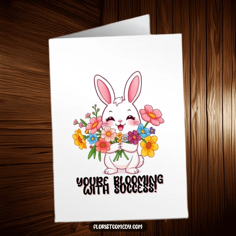 Funny Free Printable Congratulations Card: A happy rabbit proudly holds a vibrant bouquet of flowers, beaming with joy.