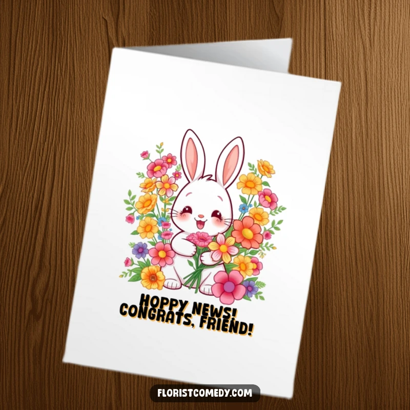 Funny Free Printable Congratulations Card: A cheerful rabbit with a big smile arranging vibrant bouquets, perfect for celebrating.