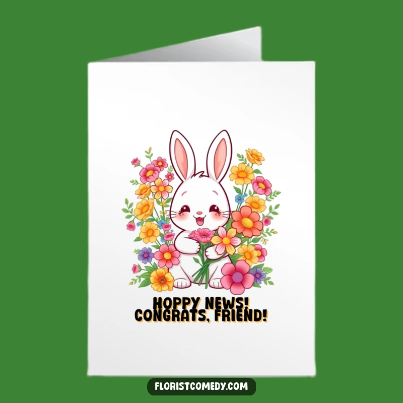 Free Printable Congratulations Card: Smiling Rabbit's Floral Bouquet