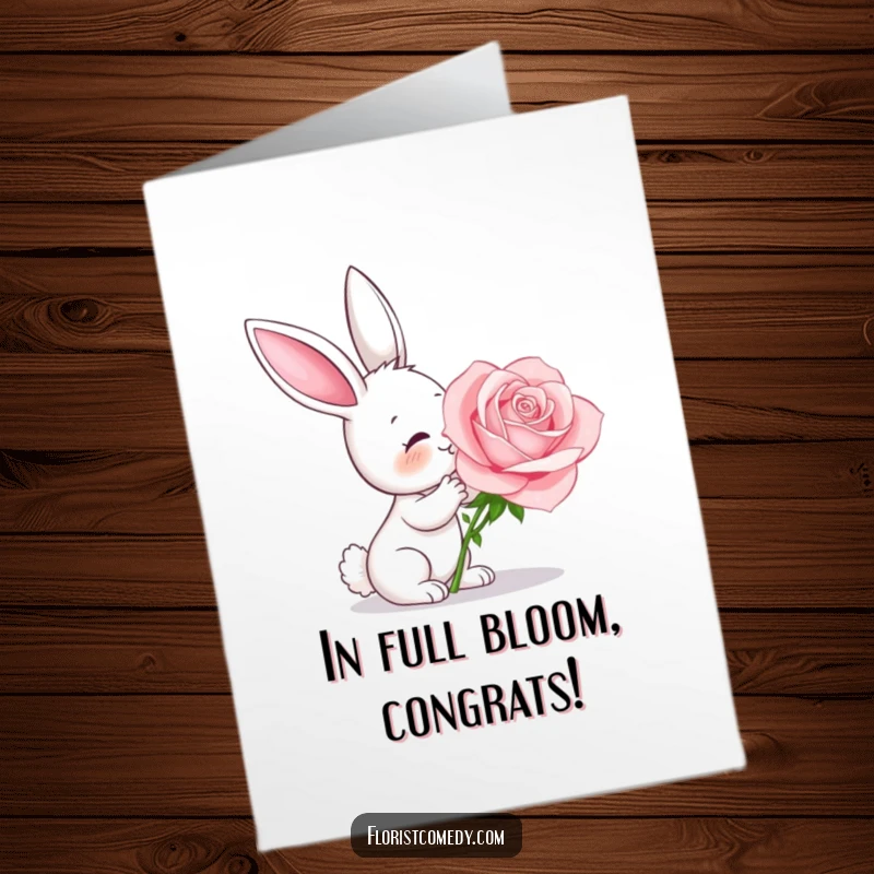 Funny Free Printable Congratulations Card: A curious bunny joyfully smells a large, beautiful rose.
