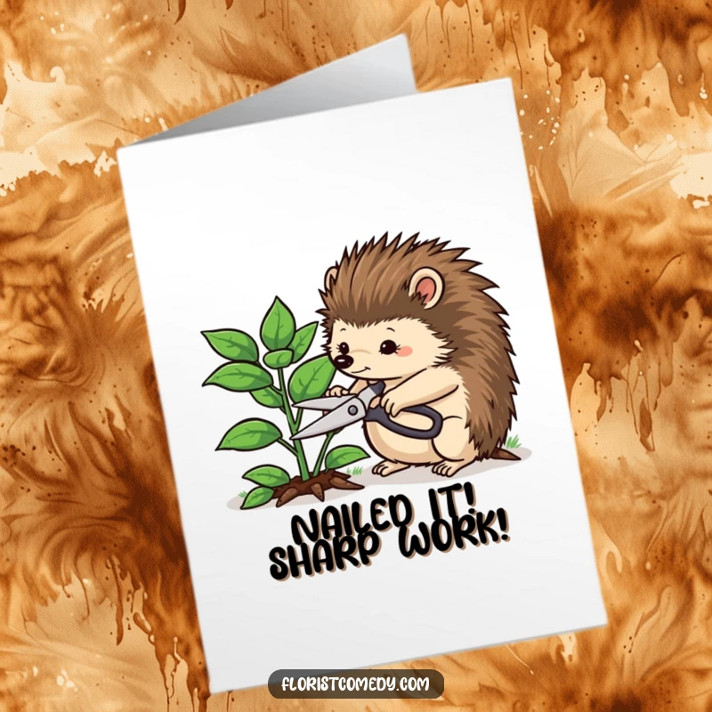 Funny Free Printable Congratulations Card: A determined hedgehog carefully trimming a plant with shears, symbolizing meticulous success.