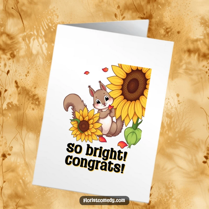 Funny Free Printable Congratulations Card: A mischievous squirrel gathering colorful sunflower petals, symbolizing a rewarding accomplishment.