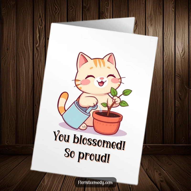 Funny Free Printable Congratulations Card: Cheerful cat happily watering a small plant, symbolizing new beginnings and success.