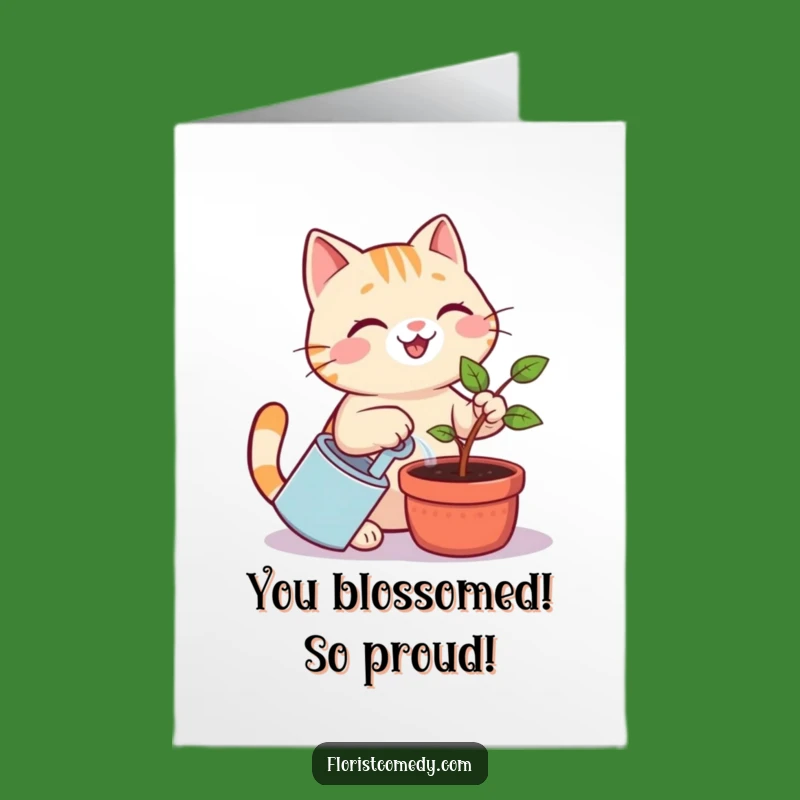 Free Printable Congrats Card: Happy Cat Nurturing Growth, Joyful & Funny Design