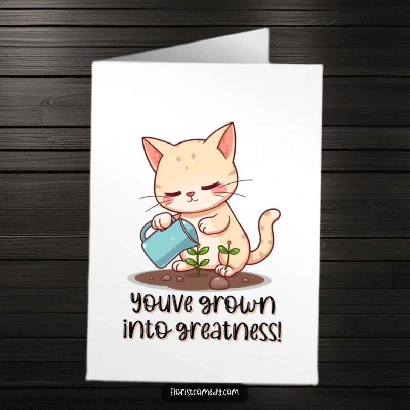Funny Free Printable Congratulations Card: A focused cat carefully waters a small plant, symbolizing growth and achievement.