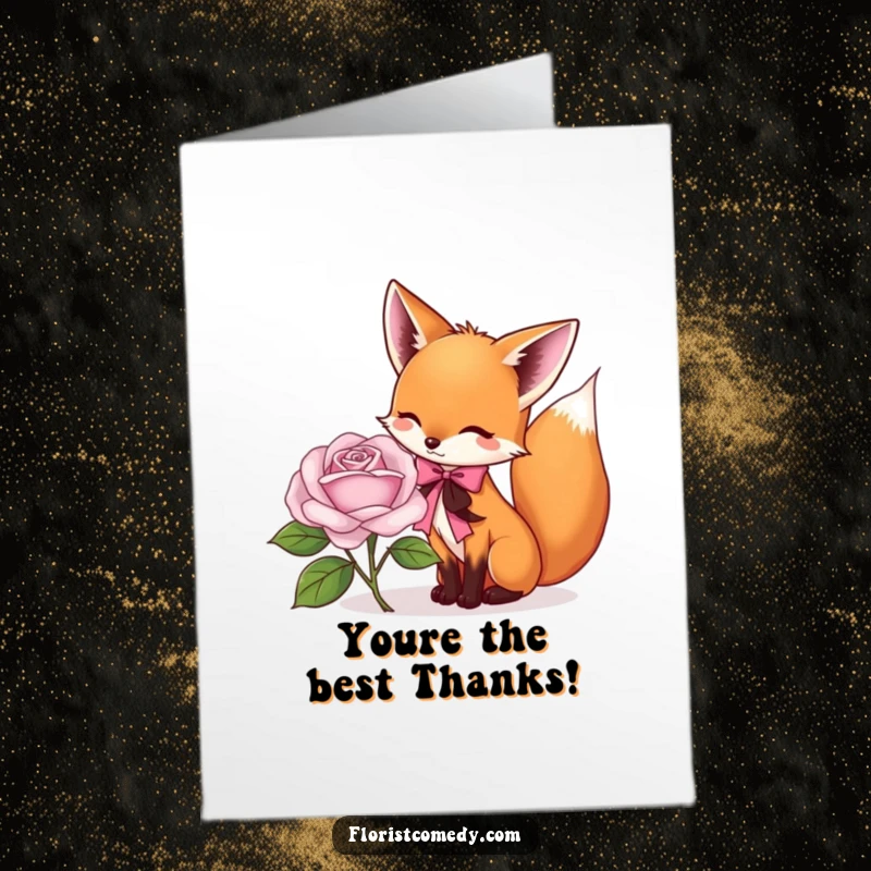Funny Free Printable Thank You Card: A playful fox carefully decorating a blooming rose with a ribbon, symbolizing thoughtful thanks.
