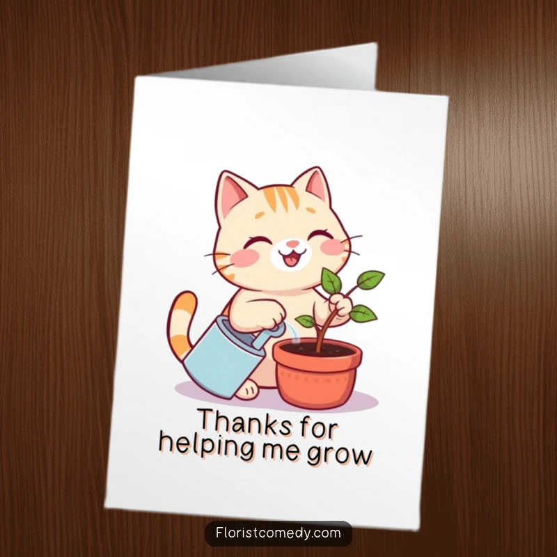 Funny Free Printable Thank You Card: A smiling cat attentively waters a tiny sapling, conveying heartfelt thanks.