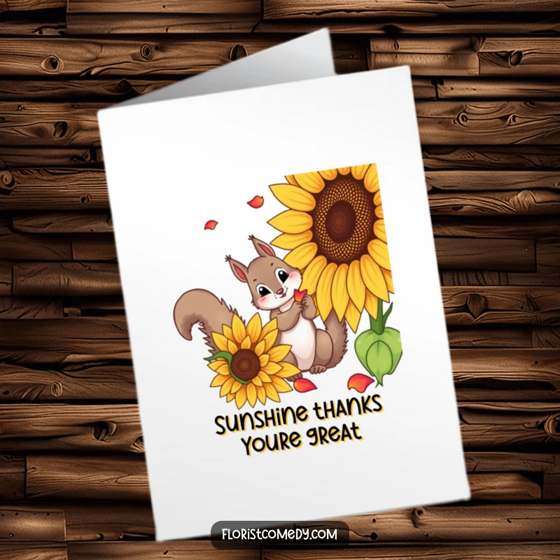 Funny Free Printable Thank You Card: A curious squirrel collecting vibrant sunflower petals, expressing thankful appreciation creatively.