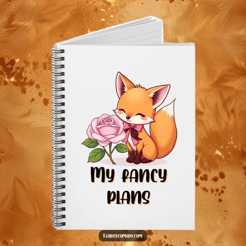 Funny fox notebook with a playful fox tying a ribbon around a rose, perfect for journaling creative ideas or floral thoughts.