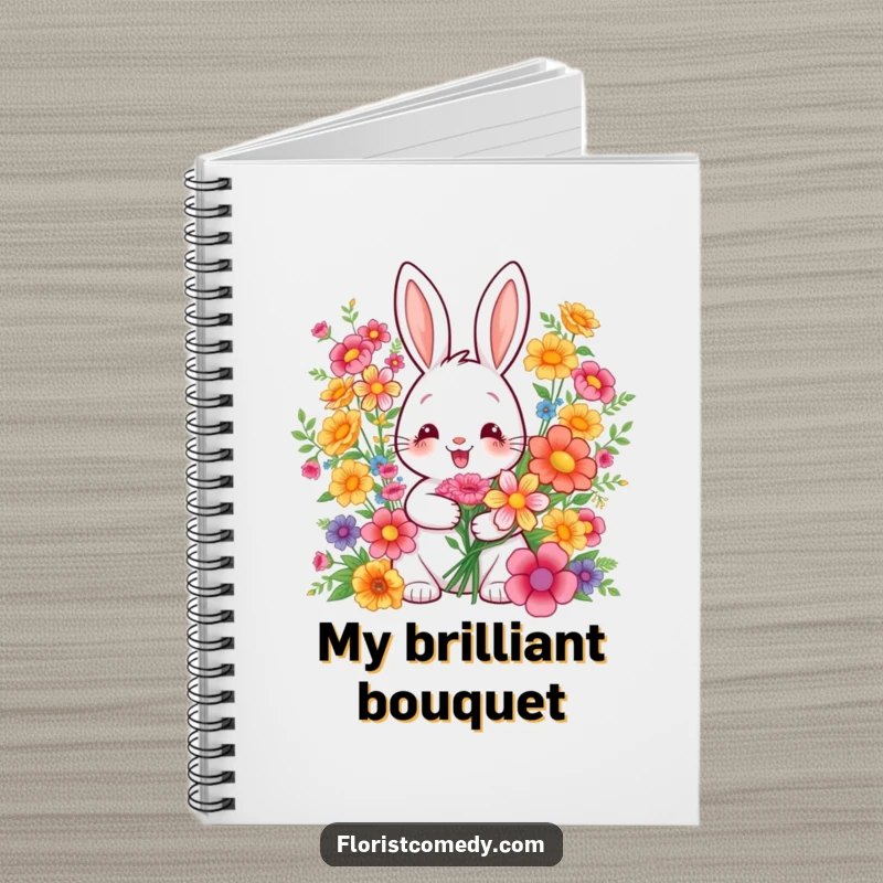 Funny notebook with a cheerful rabbit artist arranging a colorful bouquet, perfect for journaling, notes, or creative writing.