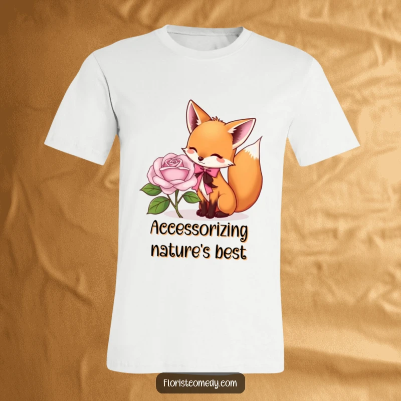 Funny fox t-shirt of a playful fox tying a ribbon around a beautiful rose, a humorous depiction of floral admiration.