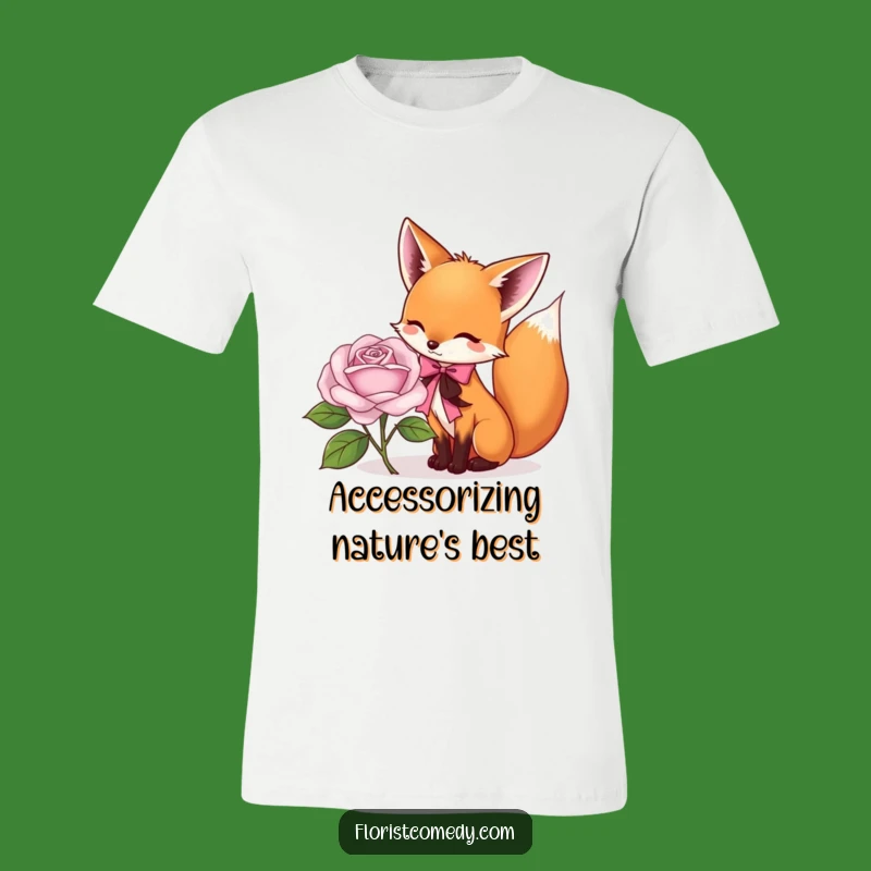 Funny Fox Florist T-Shirt: Playful Fox Tying Ribbon on Rose, Amazing Funny Gift for Flower Lovers