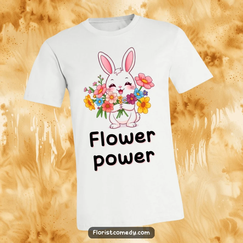 Funny happy rabbit character holding a colorful flower bouquet with a big smile, ideal for presents.