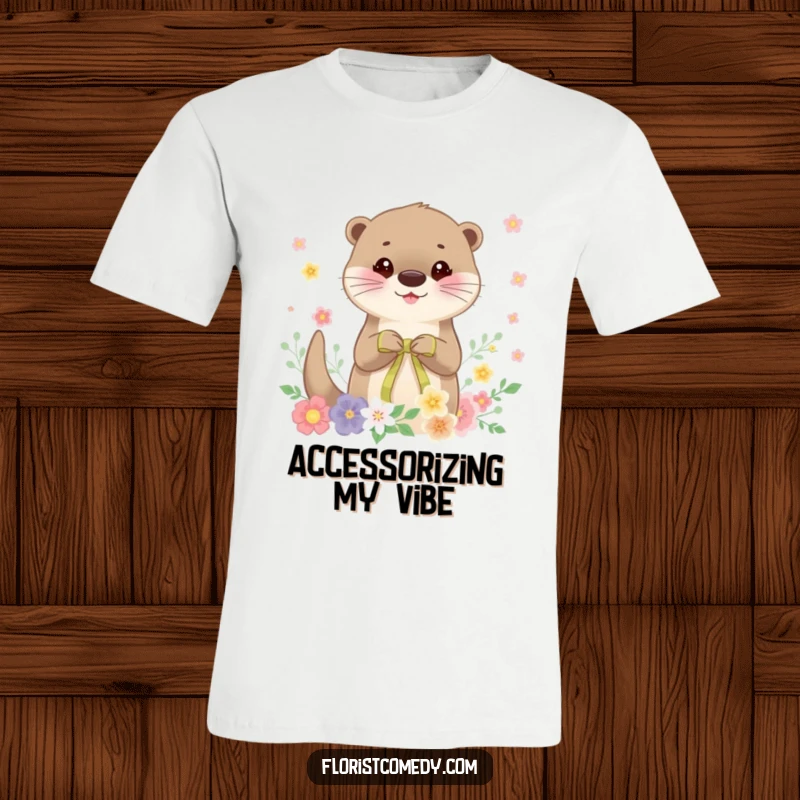 Funny otter t-shirt, a cheerful character meticulously tying a ribbon on a stunning floral arrangement, radiating happiness and creative energy.