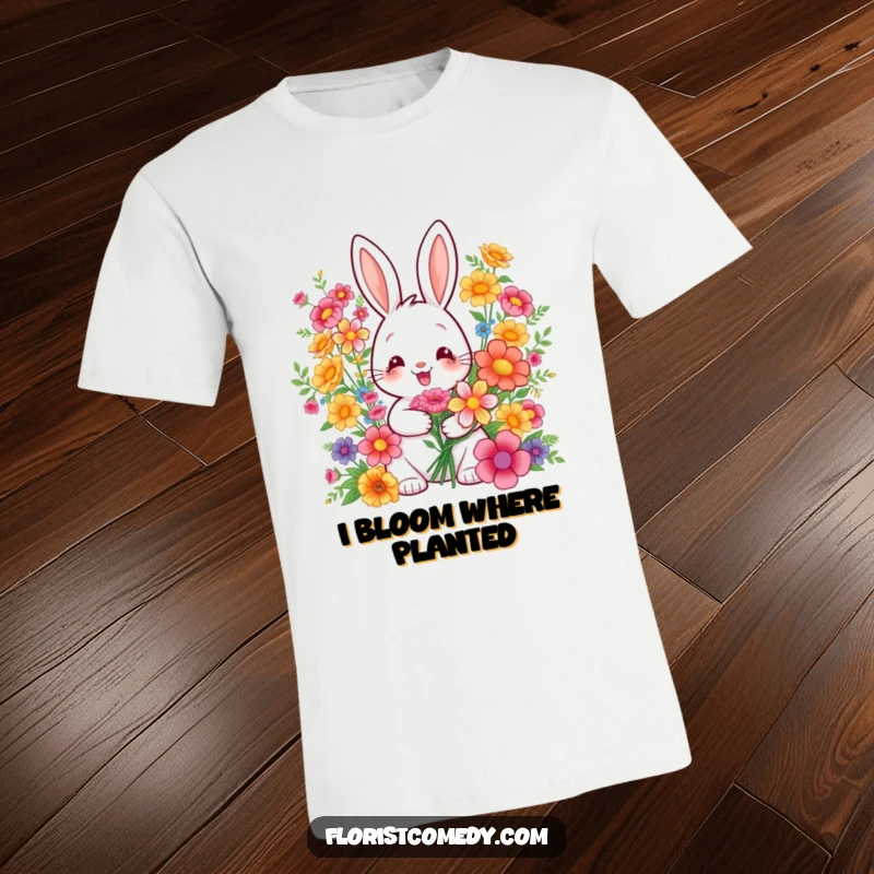 Funny t-shirt showcasing a smiling rabbit skillfully arranging a vibrant bouquet, radiating happiness and floral artistry. A great gift.