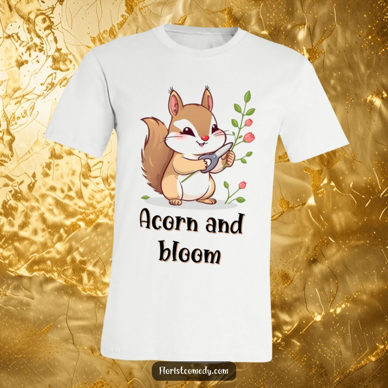 Funny t-shirt depicting a curious squirrel using tiny shears to snip stems, highlighting a love for gardening and nature.