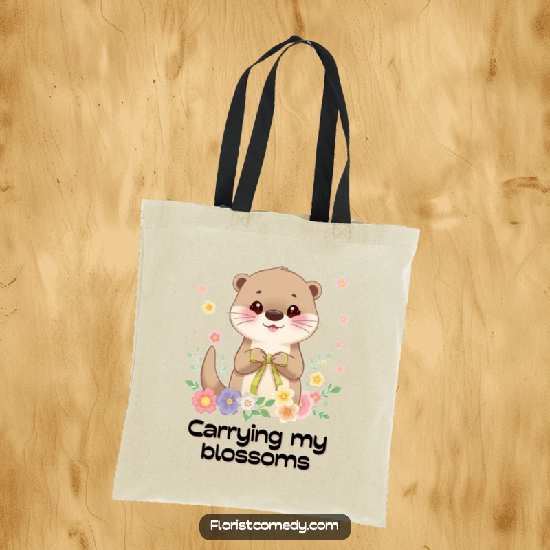 Funny otter tote bag, a cheerful otter tying a ribbon on a beautiful floral arrangement, perfect for carrying groceries or daily items humorously.