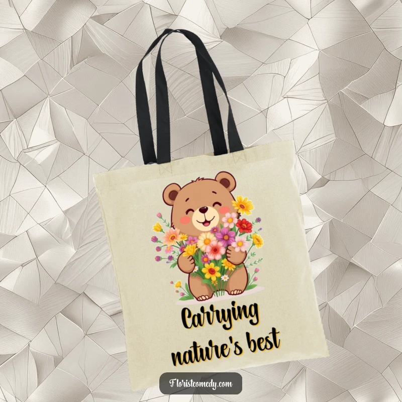 Funny bear tote bag depicting a happy bear arranging a bouquet of vibrant wildflowers, ideal for daily use.
