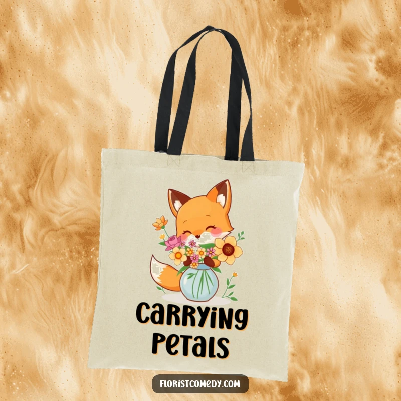 Funny fox character arranging colorful flowers in a vase, a humorous and stylish tote bag for carrying essentials, nice gift.