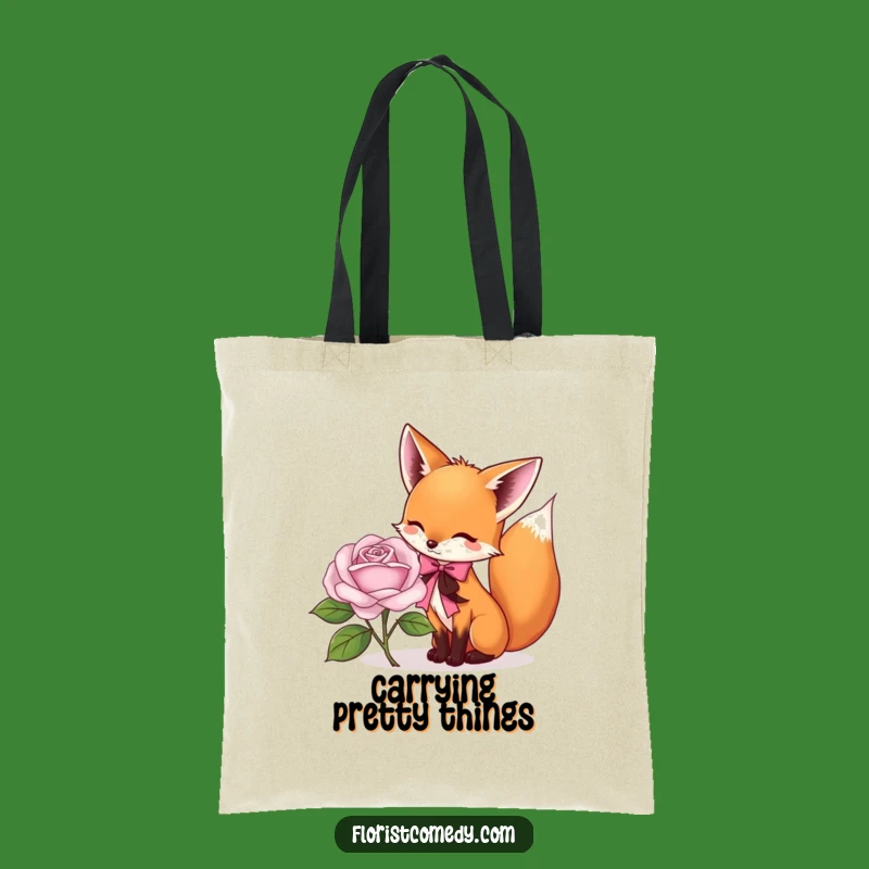 Funny Fox Florist Tote Bag: Playful Fox Tying Ribbon on Rose, Chic Funny Gift for Shoppers