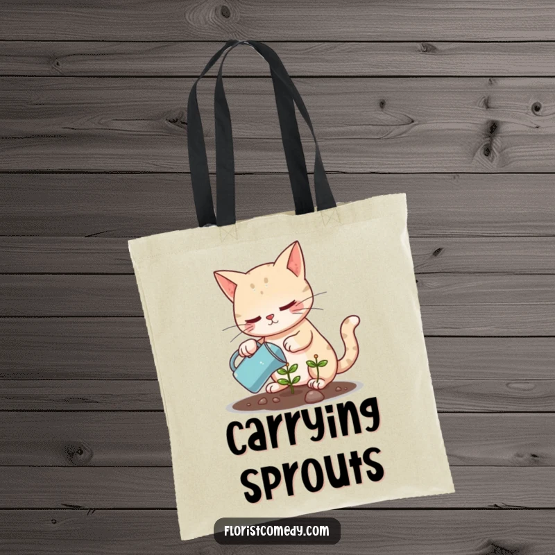 Funny determined cat watering a tiny plant, a humorous and practical tote bag for gardeners, nice gift.