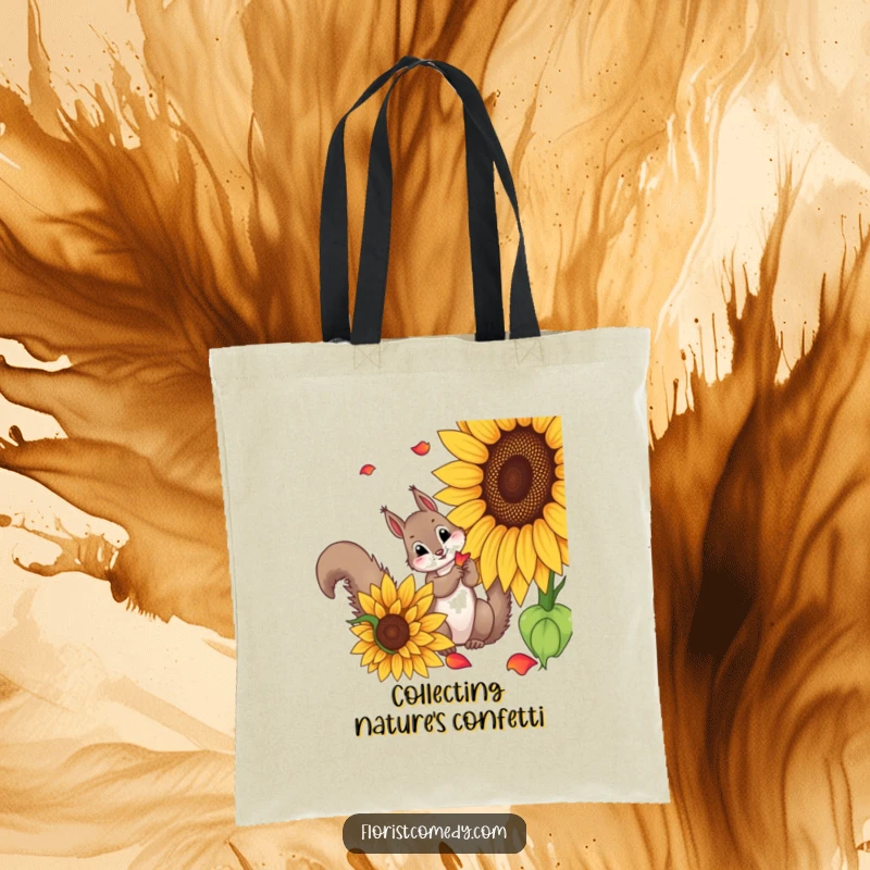 Funny squirrel tote bag showing a curious squirrel picking petals from a sunflower, a humorous and practical accessory for nature lovers.