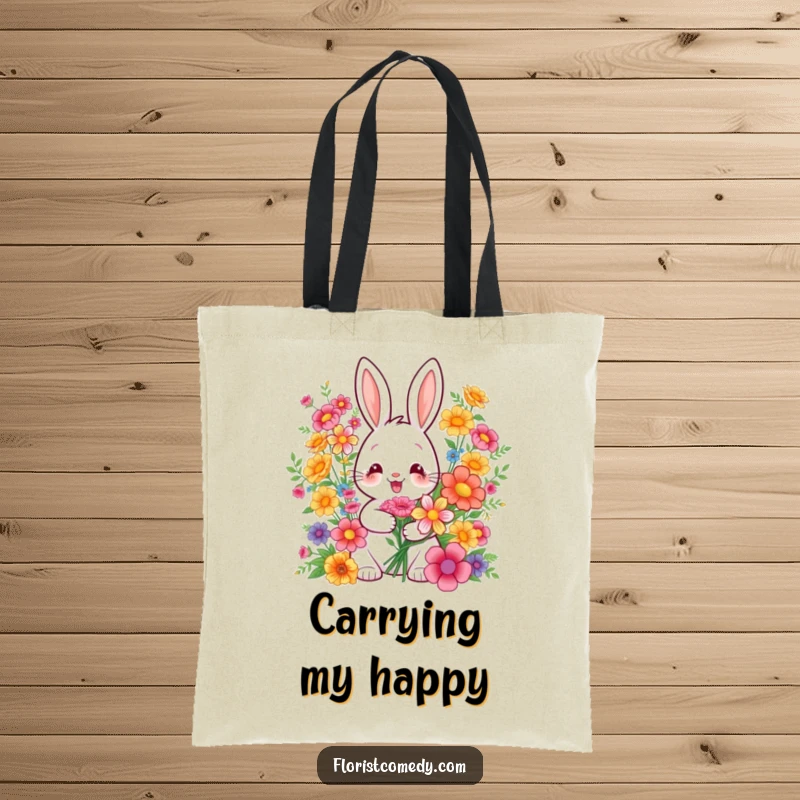 Funny tote bag featuring a cheerful rabbit arranging colorful bouquets, perfect for carrying groceries or daily items with style.